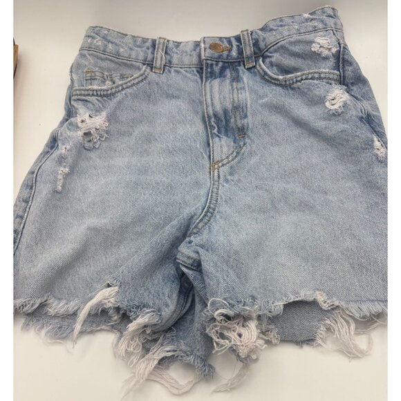 Zara Distressed High-Waisted Light Blue Denim Shorts With Frayed Hem Size 24 - Picture 1 of 10